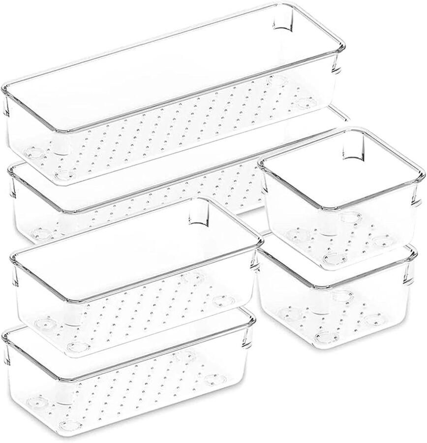 6 stuks Lade Organizer Set Transparante Plastic Ladeverdelers Badkamerorganizer voor Stapelbare Lades Keuken Make-up Organizer