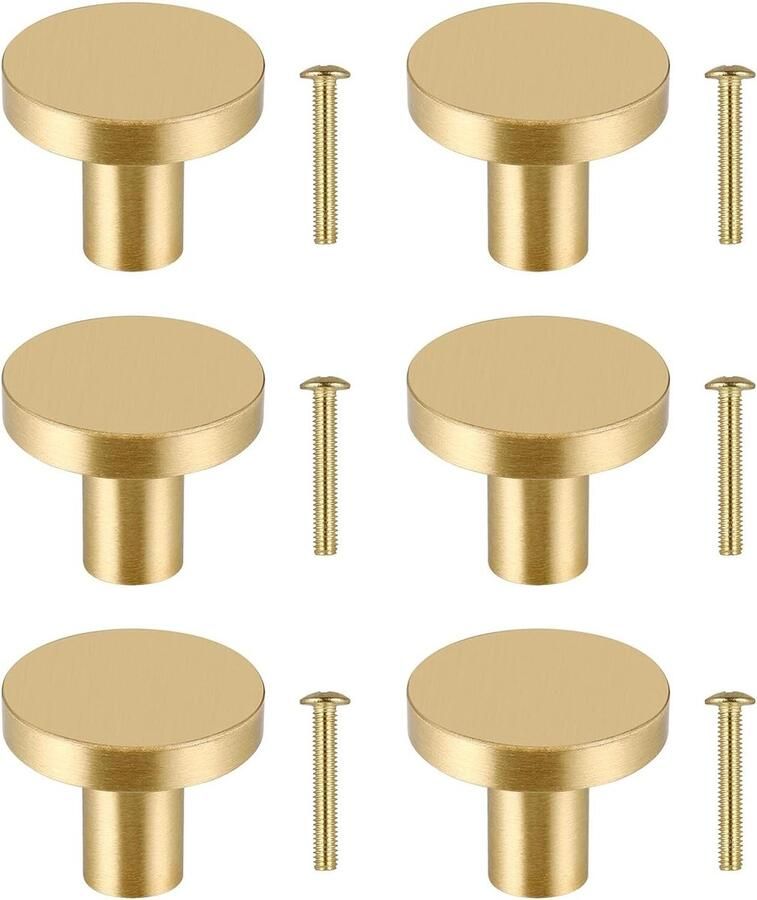 6 stuks massief messing kastknoppen ronde vintage ladeknoppen met schroeven gouden messing ladeknoppen voor keukenkasten kledingkast commode (25 x 20 mm)
