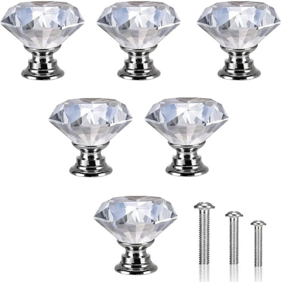 6 stuks meubelknoppen kristallen ladeknoppen moderne mode commodeknoppen kristalheldere deurknop 30 mm zinklegering kristalglas handgrepen met schroeven in 3 maten (zilver)