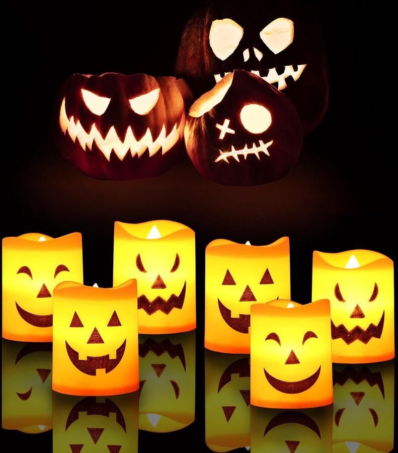 6 stuks Mini Halloween Vlamloze Lamp Pompoen Lantaarn Kaars Halloween Theelichtje voor Feestartikelen Slaapkamer Tafel Spookachtige Binnenhuis Halloween Decoratie