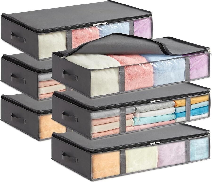 6 stuks opbergtassen voor onder het bed Opvouwbare opbergdozen met deksel 65 L grijs