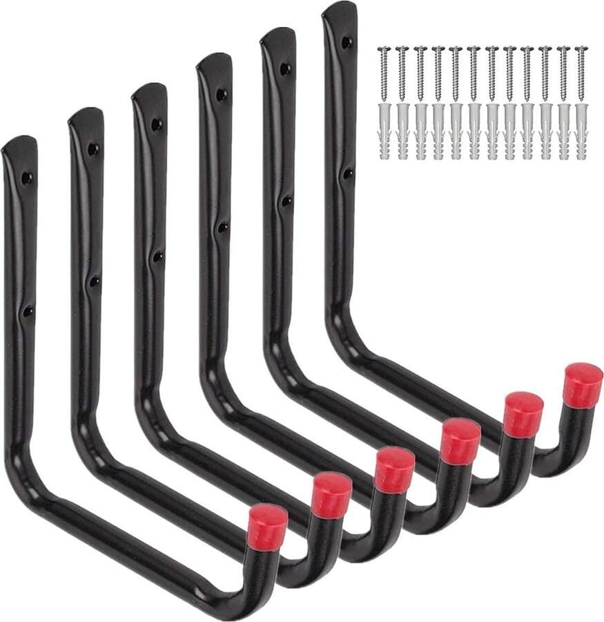 6 stuks Ophanghaken garage-ophanghaak ijzer 5.7 x 7.8 inch zwart en rood Inclusief schroeven voor ladder stoelen tuingereedschap slang fiets