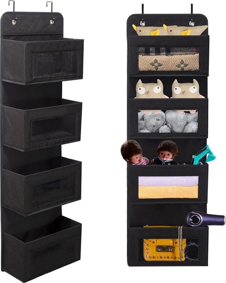 Hangrek aan de deur zachte stof hangorganizer 4 grote vakken met helder venster opvouwbare hangopslag met 2 haken voor badkamer kinderkamer woonkamer slaapkamer zwart