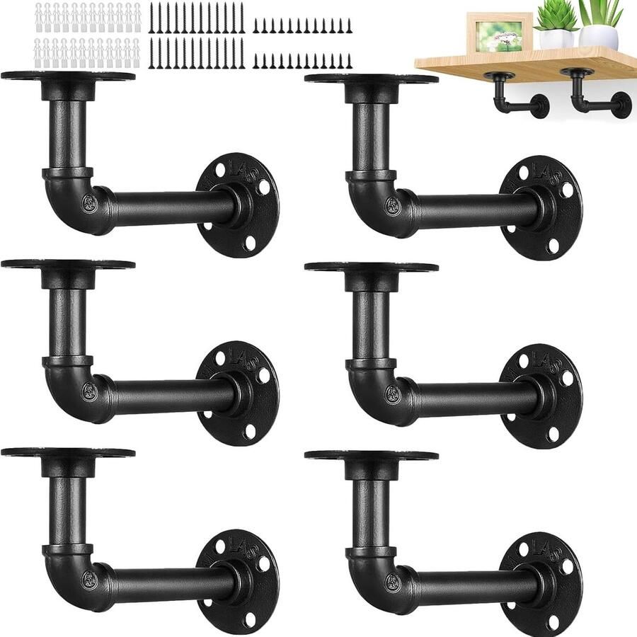 6 stuks plankhouders Haakjes Ophangbeugel zwart retro 15 x 8 cm industriële wandhouder vintage plankhouder wandplankdrager voor boek zwevende plankhouder met schroeven wanddecoratie interieuraccessoires