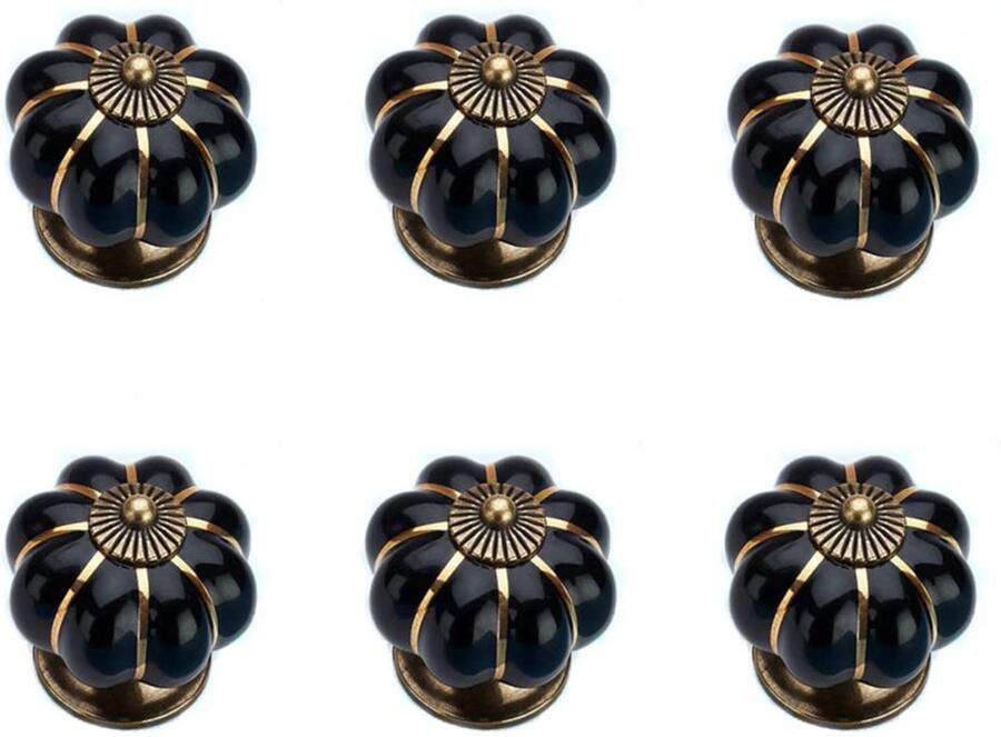 6-stuks pompoen keramische handgrepen pompoen knoppen keramische deurknoppen keramische kastknoppen pompoen keramische meubelknoppen met schroeven voor deuren keukenkasten lades dressoirs zwart