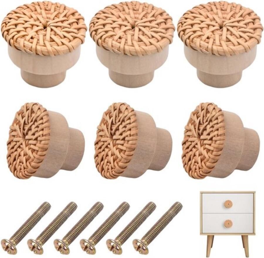6 stuks rotan meubelknoppen kastknoppen boho met schroeven meubelknoppen hout vintage commodeknoppen van rotan kastgrepen hout meubelknoppen voor kasten laden keuken 40 x 30 mm