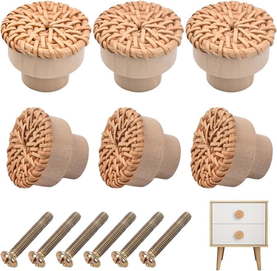 Set van 6 rottan meubelknoppen met schroeven Boho stijl vintage design 40 x 30 mm