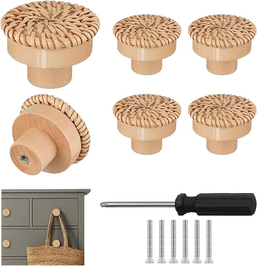 6 Stuks Rotan Meubelknoppen voor Kasten en Laden Houten Handgrepen met Schroevendraaier