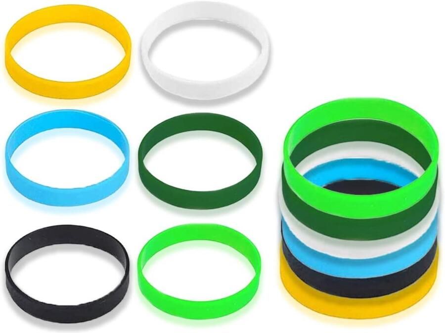 6 stuks siliconen armbanden in 6 kleuren Rubberen armbanden voor sport feesten en kinderen (geel blauw zwart wit diepgroen groen) Diameter 65 cm breedte 1 cm