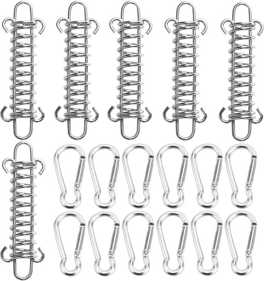 6 stuks spanveren springveren zonnezeil spanveren accessoires trekveren met 12 karabijnhaken voor campingtent zonnezeil luifel bevestigingsaccessoires (zilver)