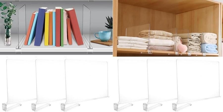 6 Pcs Transparent Acrylic Shelf Dividers 8 x 11 Inch Separator for Bedroom Kitchen Cabinets and Organization