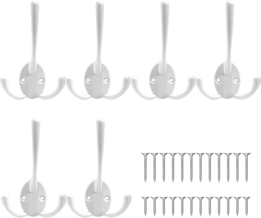 6 stuks wandhaken retro kledinghaken drie haken garderobehaken zinklegering voor keuken badkamer kast douche lade kledingkast kantoor (wit)