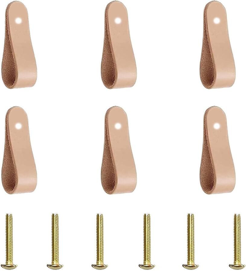 6-Pack Zachte Lederen Deurknoppen met Schroeven voor Meubels Echt Leer Anti Collision Moderne Stijl Handvat van Leder 244x094in Enkel Gat Beige