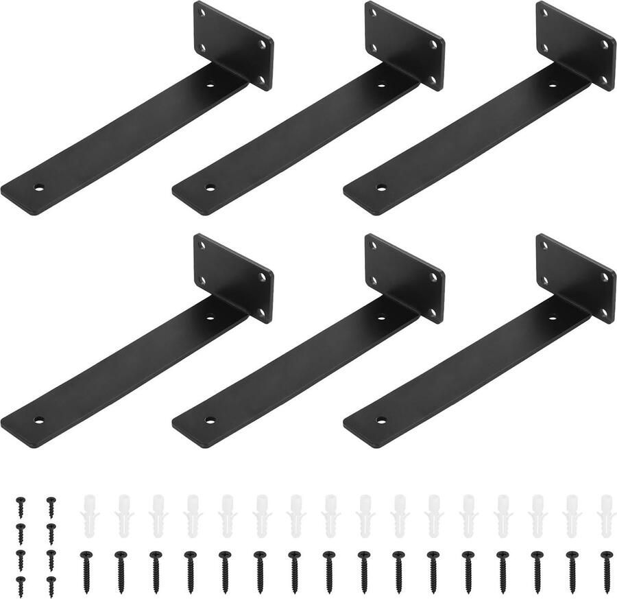 6 stuks zware plankbeugels 200 mm zwarte metalen plankbeugels wandmontage planksteunbeugels ondersteuning voor open planken DIY-ondersteuning