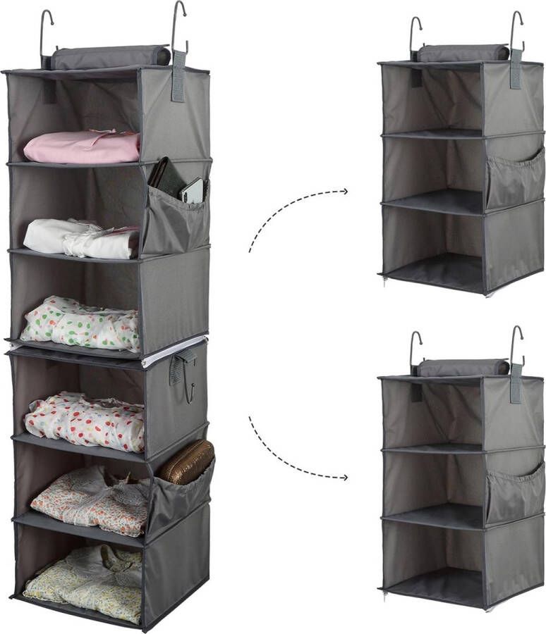 6 Vakken Hangende Plank Hangende Opbergkast Organisator Twee 3 Planken Afneembare Hangende Plankverdelers voor het opbergen van kleding en schoenen Canvas Grijs 12 x 12 x 42 inch