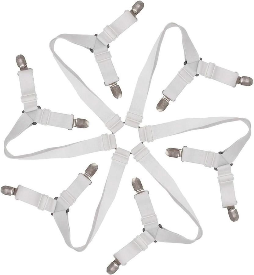 6 Zijden Sheet Tensioner Elastic，Adjustable Bed Sheet Holder For Fixing All Kinds of Round and Square Bed Linen (Wit)