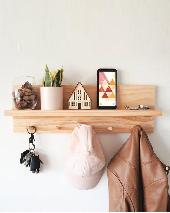 Bofigo 60 cm Decoratieve Kapstok Houten Kapstok met Wandplank Natuurlijk Massief Houten 5 Haken