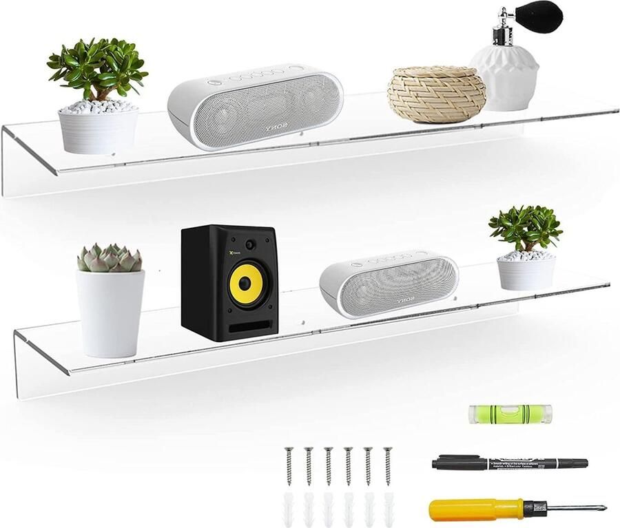 60 cm heldere zwevende planken voor muur acryl lange wandplank wandgemonteerde planken voor planten luidspreker radio Funko Pop pluche dier boeken toiletartikelen set van 2 (60 cm)