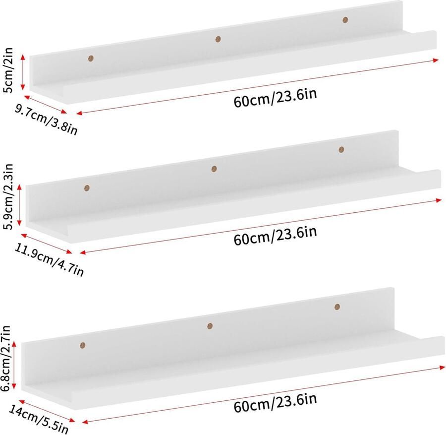 60 cm lang wandrek wit zwevend rek fotolijst voor woonkamer keuken kinderkamer werkkamer of slaapkamer 3 stuks met verschillende maten
