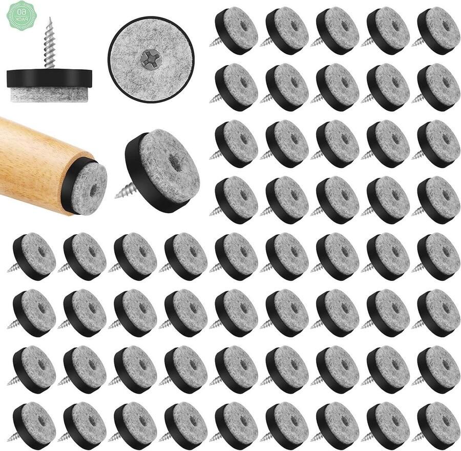 60-pack of 25 mm Felt Glides with Screws Round Non-Slip Furniture Glides for Chair Legs and Tables