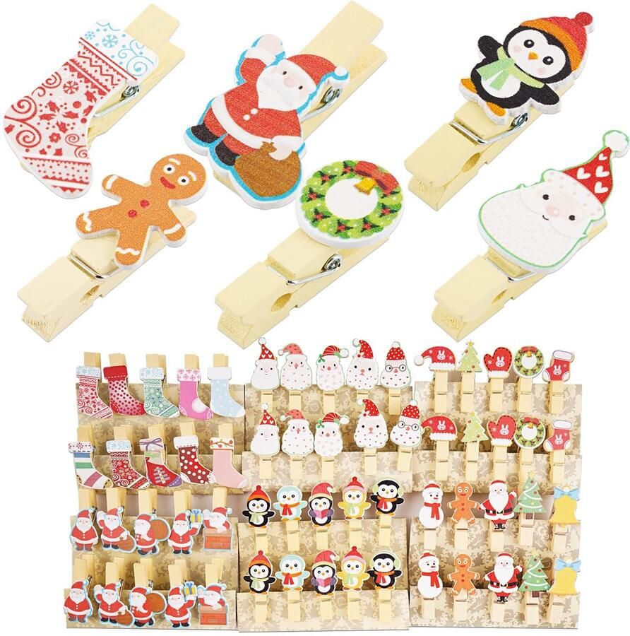 60 Pieces Wooden Christmas Clips Decorative Christmas Clips with 6 Pieces Jute Cords Mini Clips Christmas Decoration for Photo Frame Gift Bags Guest Gifts