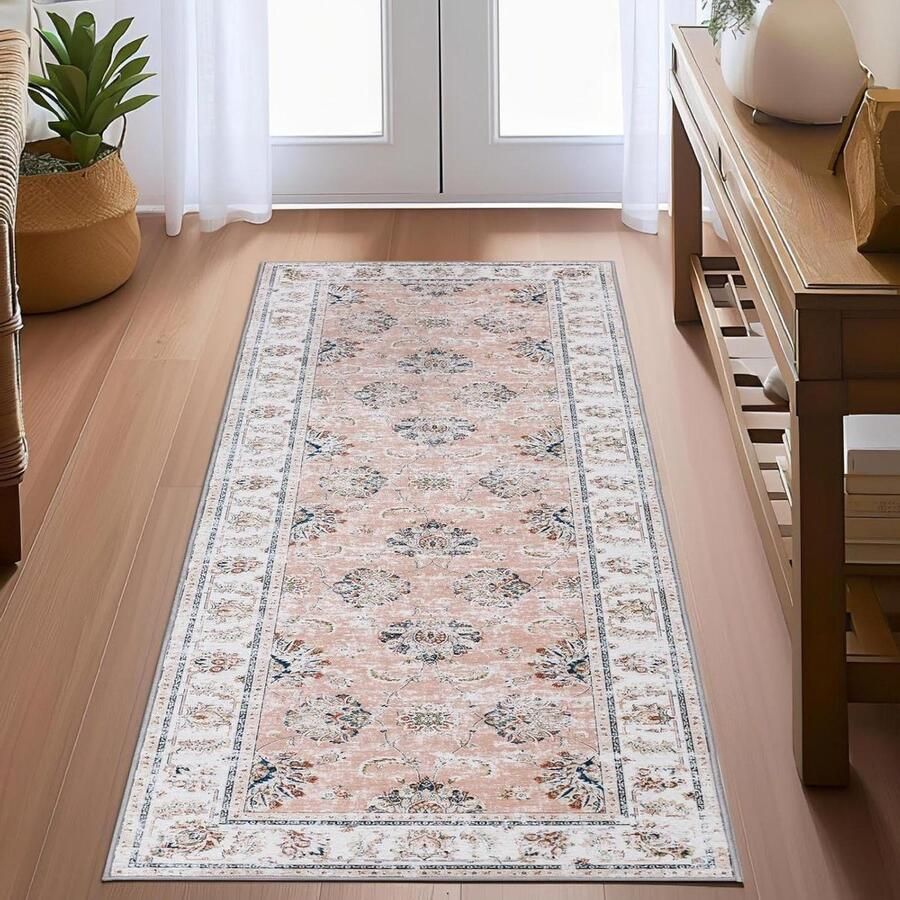 60 x 210 cm roze bloemen tapijtloper wasbaar en superdun vintage design antislip onderlaag voor keuken slaapkamer en woonkamer