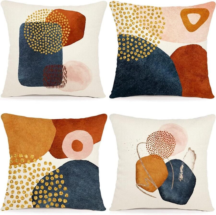 Inovra Set van 4 Decoratieve Kussenhoezen 60 x 60 cm Moderne Kussenhoezen van Linnen met Abstract Patroon voor Bank en Slaapkamer
