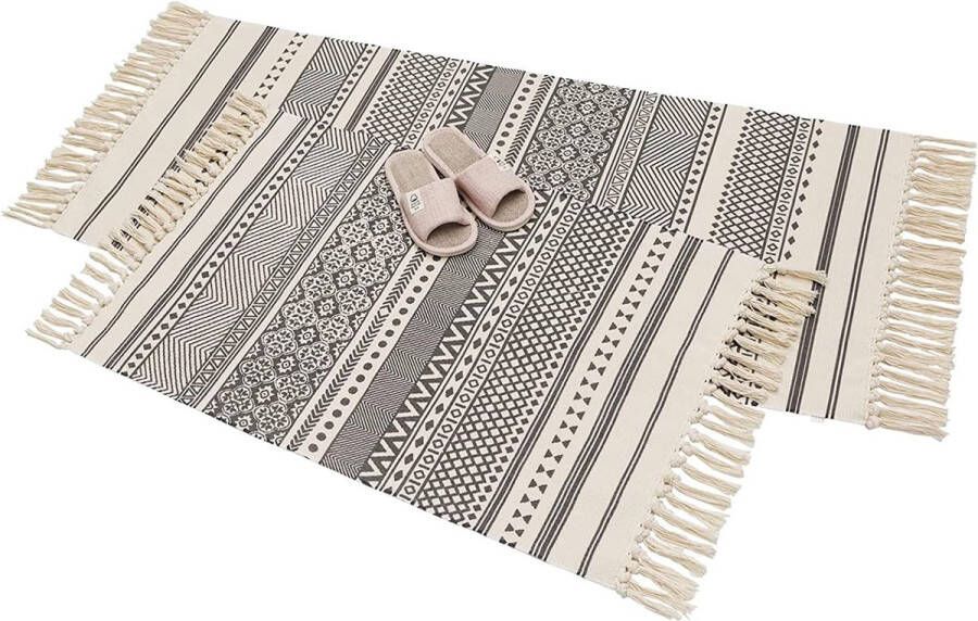 60 x 90 + 60 x 130 cm katoenen vloerkleed set van 2 katoenen stof boerderij keukentapijt wasbaar Marokkaans Boho slaapkamerkleed Boho tapijt met kwastje