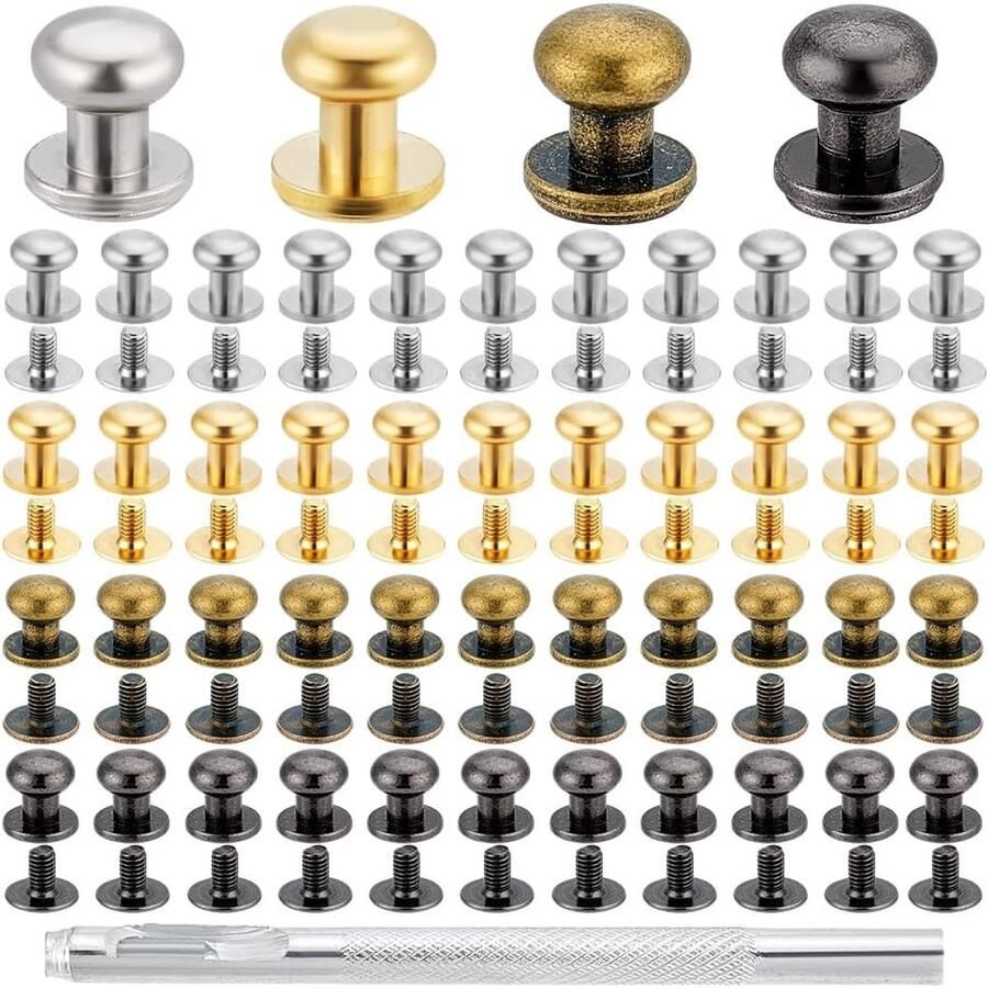 64 Sets 4 Kleuren Messing Kast Lade Pull Handvat Sieraden Doos Knop Studs Set Inclusief IJzeren Schroeven en 1 Koolstofstalen Puncher voor DIY Lederen Craft Riem Meubels Handvatten Meubels Accessoires 9x8 8mm