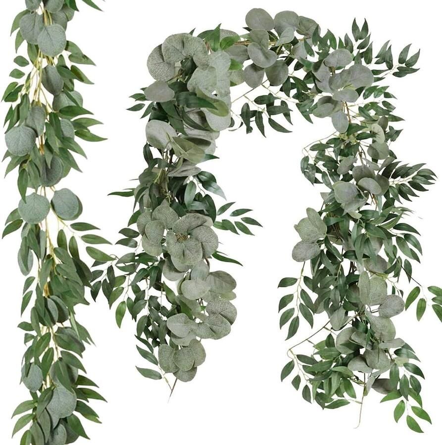 6.5 Voet Kunstmatige Eucalyptus Slingers Met Wilgenbladeren Decoratieve Kunstplanten voor Tafel en Bruiloft Set van 2 stuks