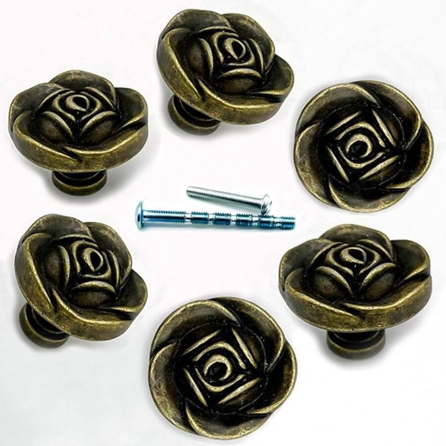 6Pcs Antiek-Brons-Lade-Rose-Knoppen Solid-Heavy-Vintage-Bloem-Dresser-Knop Mid-Century-Retro-Metaal-Kast-Decor-Gebronsde-Trekt (Roos)