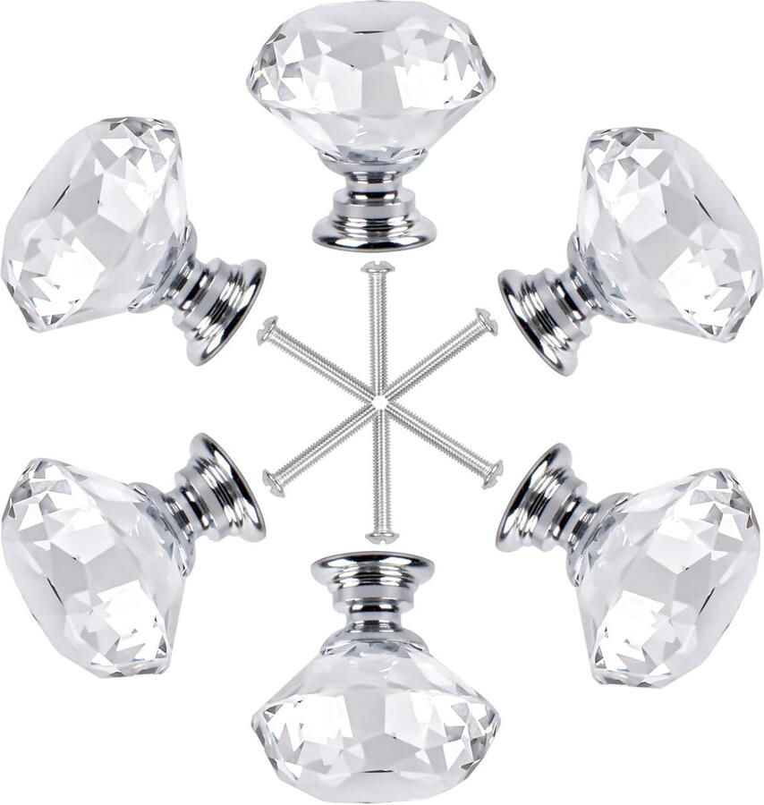 6pcs Crystal Drawer Knobs 30mm Diamond Furniture Knobs Crystal Glass Drawer Knobs met Schroeven