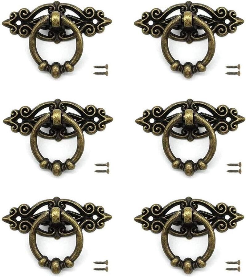 6pcs Vintage Kitchen Cabinet Dresser Door Drawer Ring Pull Handles Knobs Antieke Messing Keukenaccessoires