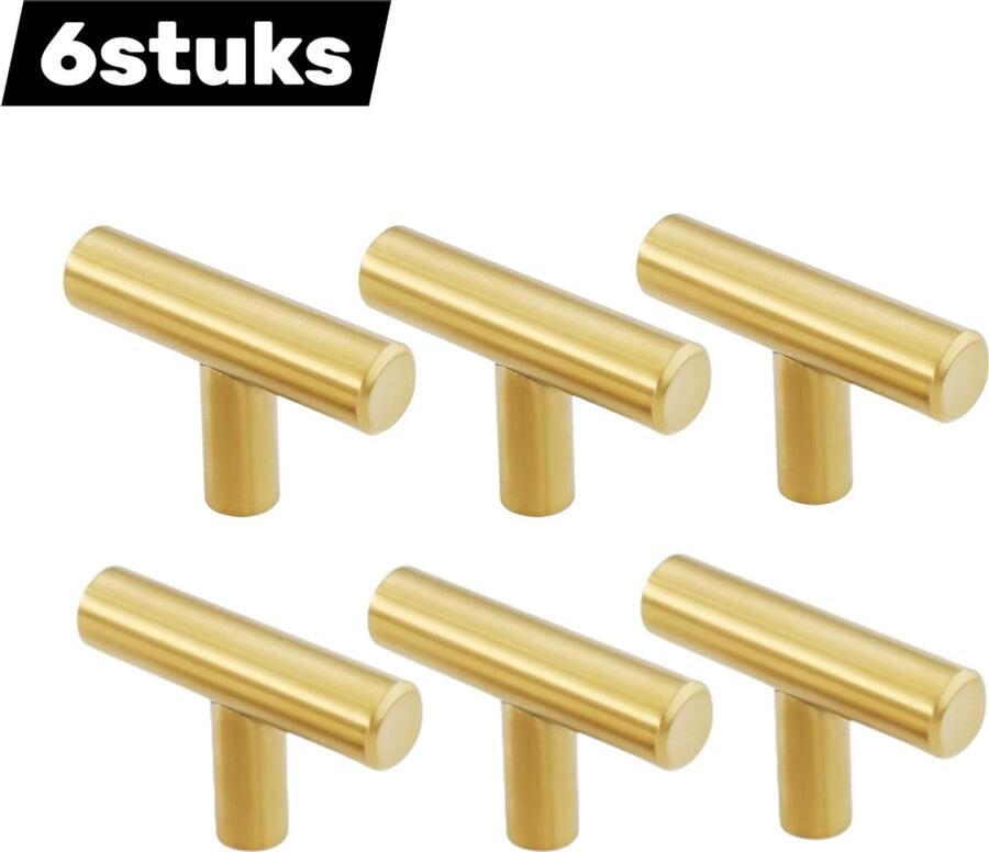 6stuks Handgreep Geborsteld goud Enkel gat Roestvrij staal Holle buisvorm Moderne kast- en ladegreep T-vorm Goud