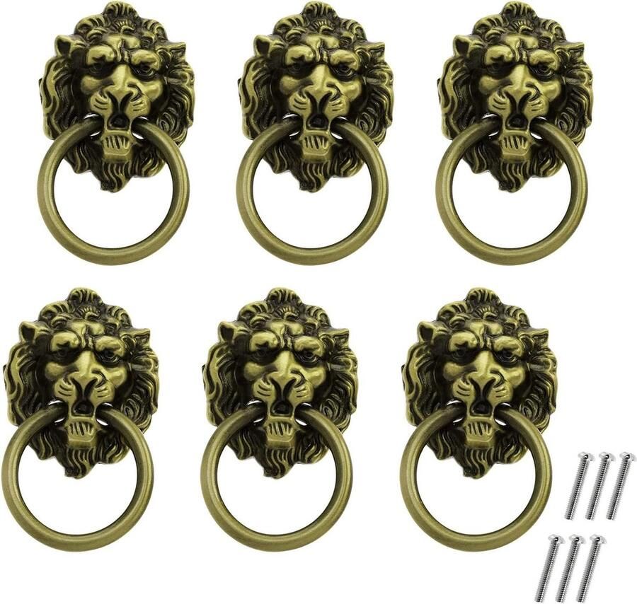 Allecto Plus Vintage Leeuw Hoofd Pull Handvat Knop Groen Brons 6 Stuks Voor Kast Lade Garderobe