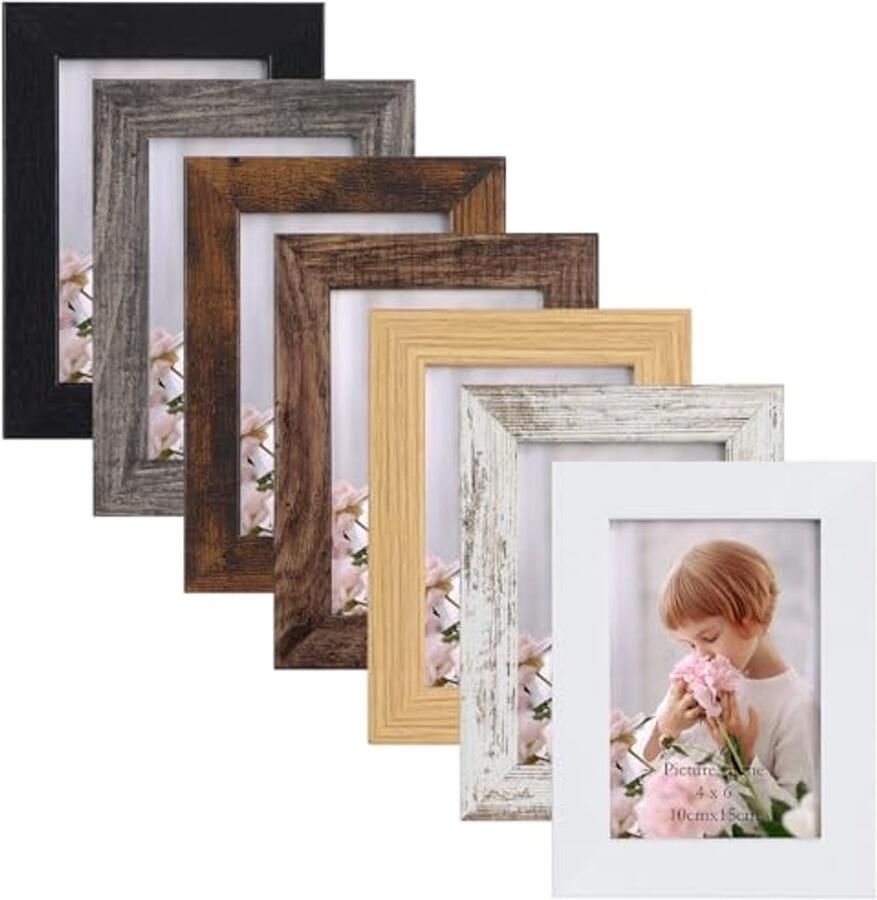 6x4 Fotolijsten in Houten Design – Tafel- en Wanddecoratie – Set van 7 Kleuren