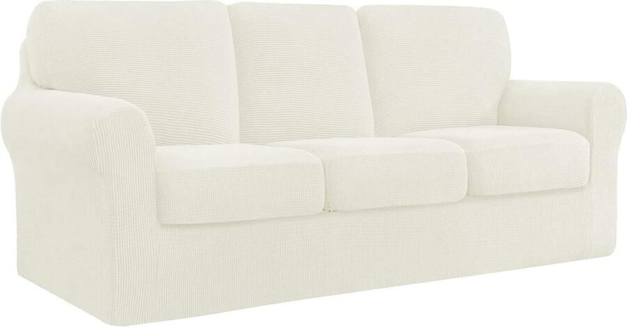 7-delig Jacquard Elastaan Stretch Bankhoes met Aparte Kussens en Rugleuningen Woonkamer Meubelbeschermer 3-zits Ivoor