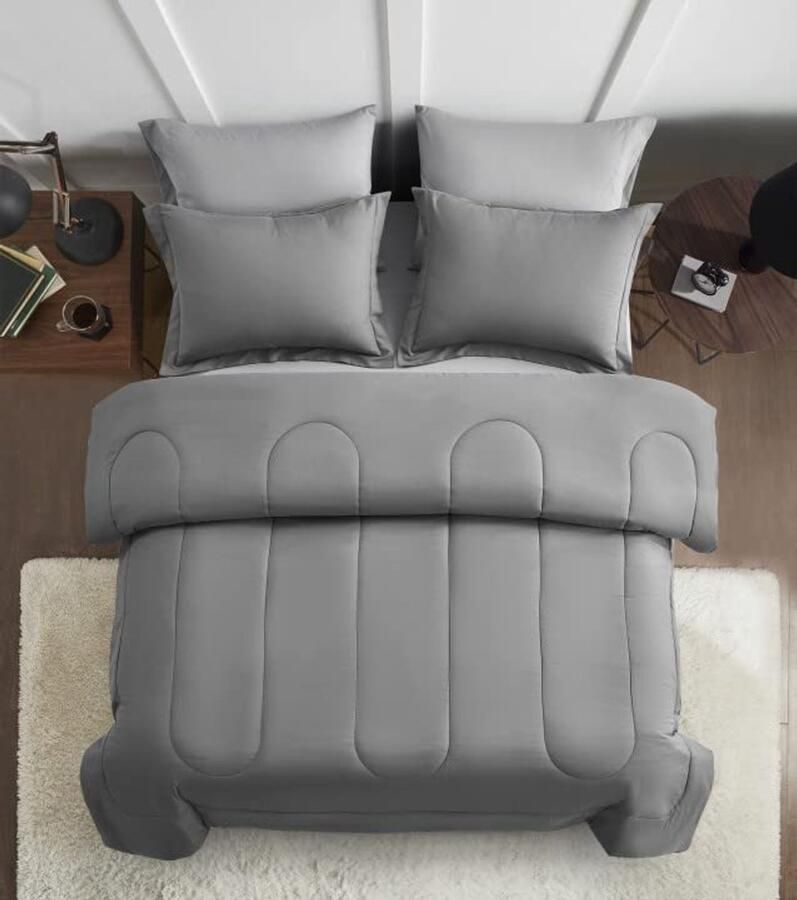 7-delig Katoenen Duvet Set voor Kingsize Bed Grijs Bedpakket met Lakens en Kussens