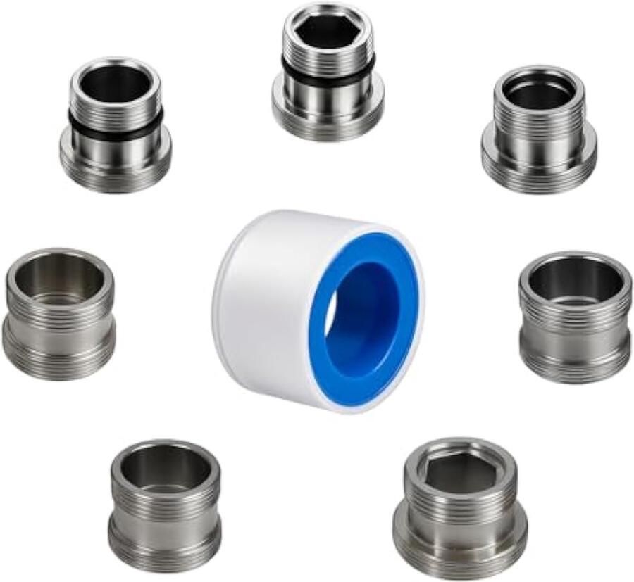 7-delige kraanadapterset – kraanadapter M16.5 M18.5 M20 M22 M24 M28 voor ombouw naar M22 buitendraad kraanopzetstmet afdichtingen en PTFE-band