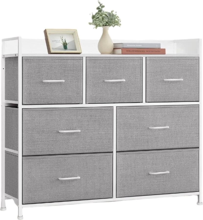 Goodivery ladenkast 7 stoffen lades met handgrepen metalen frame 28.5D x 98W x 85H cm Duifgrijs en Wolkwit