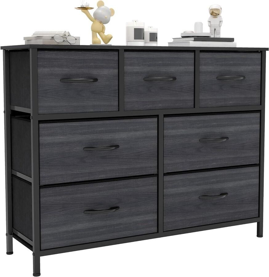 7 Drawer Chest of Drawers Fabric Dressers with Easy Pull Handle Sturdy Steel Frame Storage Drawers for Bedroom Kids Room Closet Charcoal Black Wood Grain