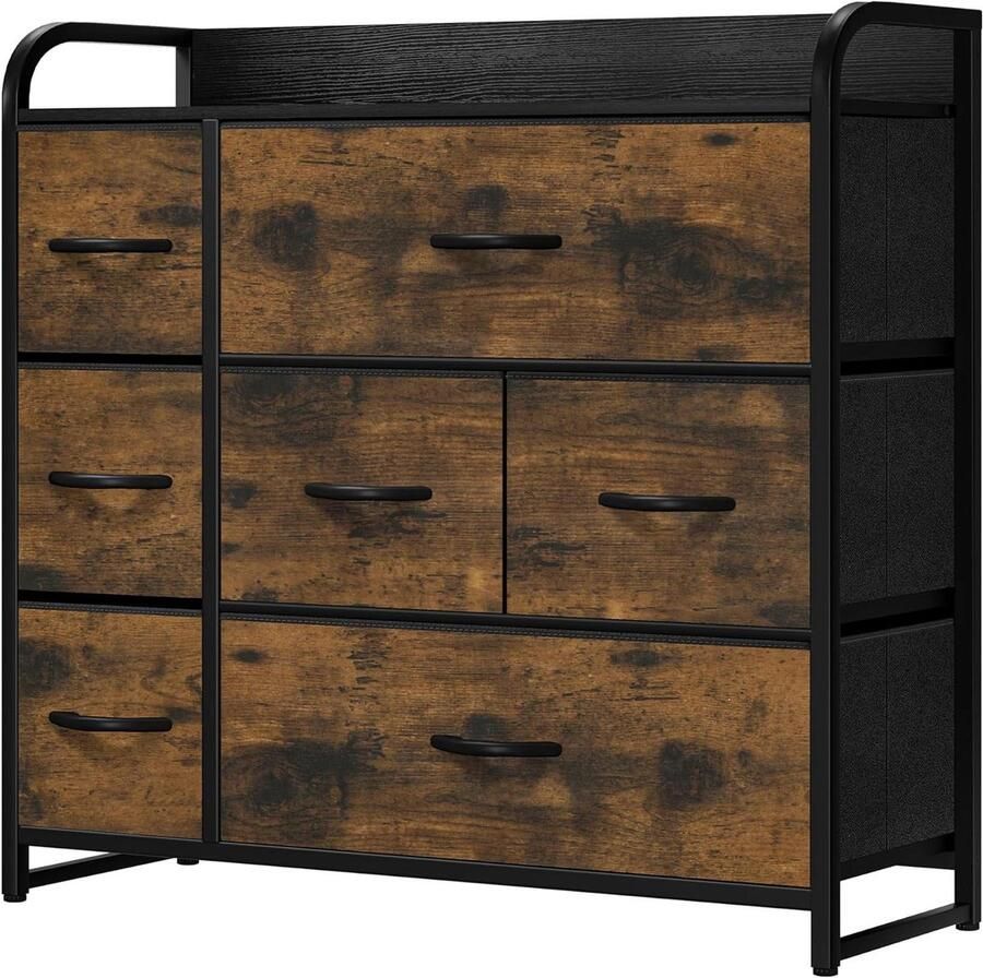 7 Drawer Chest of Drawers for Bedroom Fabric Dresser Storage with Handles Metal Frame for Living Room Hallway Rustic Brown