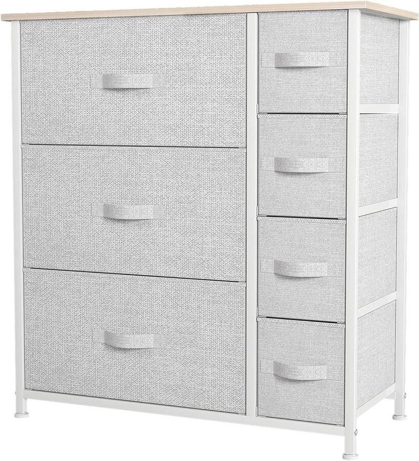 7 Drawer Chest of Drawers Storage Organizer for Bedroom Living Room Closet Sturdy Steel Frame Easy Pull Fabric Bins and Wooden Top Light Grey