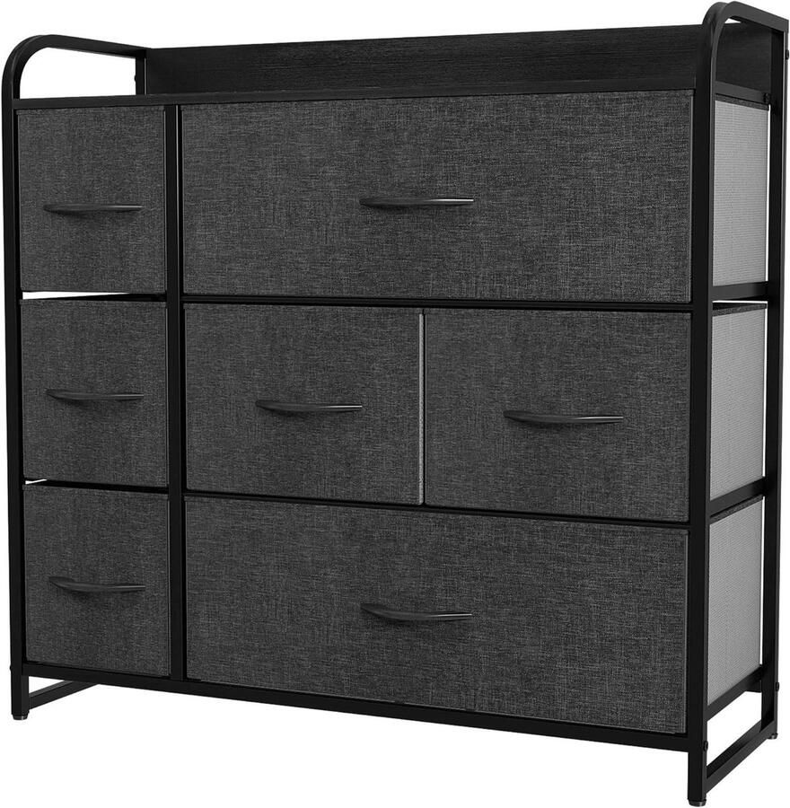 7 Drawer Storage Chest of Drawers Organizer for Bedroom Living Room Closet Sturdy Steel Frame with Easy Pull Fabric Bins and Wooden Top Black Grey Fabric Dresser