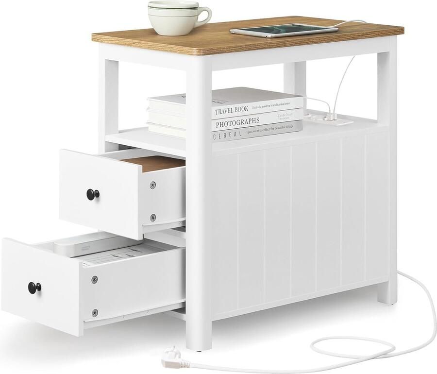 Smalle bijzettafel met stekkerdoos en opbergruimte voor kleine ruimtes