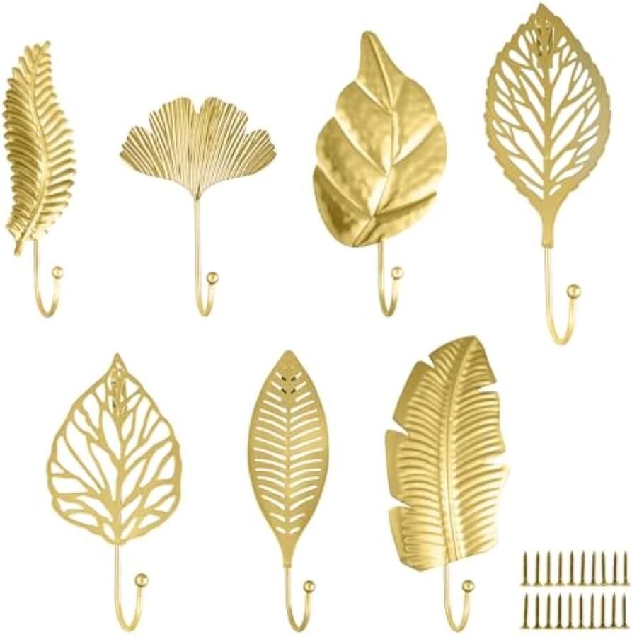 7 stuks garderobehaken goud bladeren kledinghaken wandhaken om te boren met 20 schroeven metalen vintage wandhaken garderobe kinderen moderne kledinghaken voor deur slaapkamer