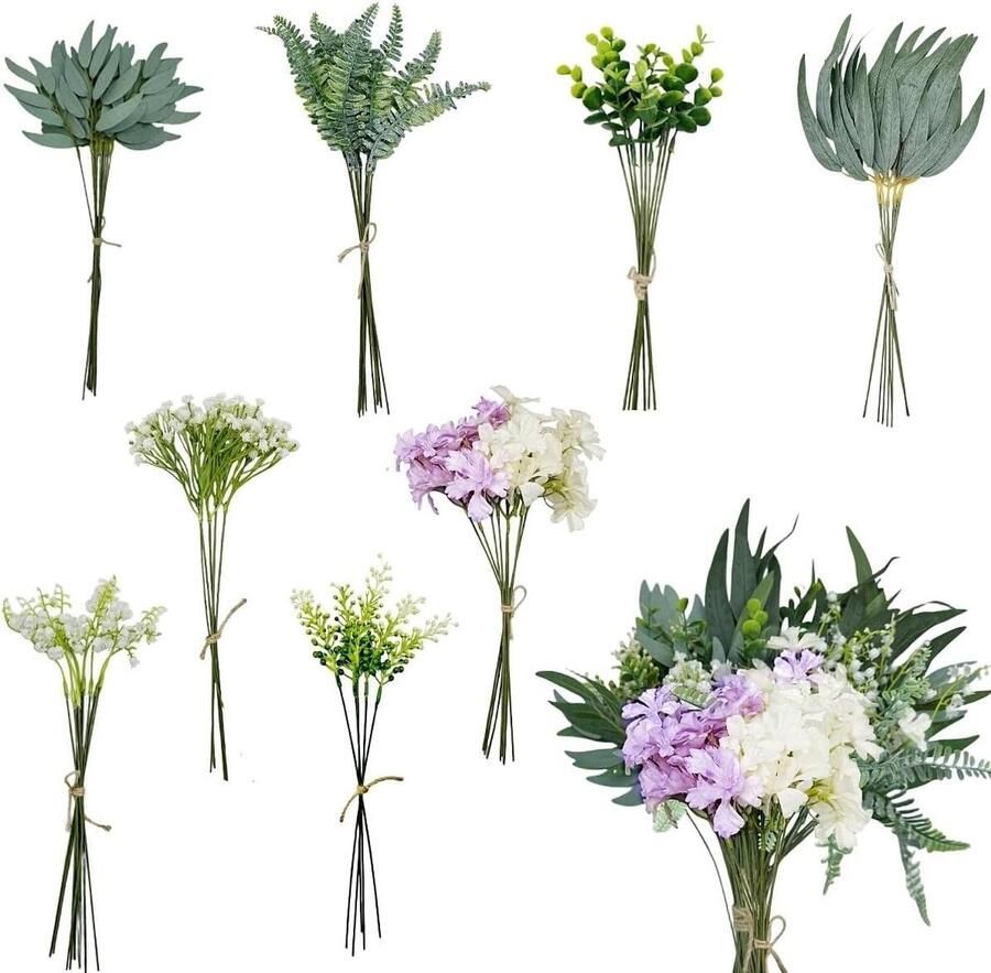 70 stuks kunstmatige greenery stengels doe-het-zelf bruiloftsboeket namaakbloemen kunstplanten vulpen tafel centerpieces bloemstukken paars lentegroen