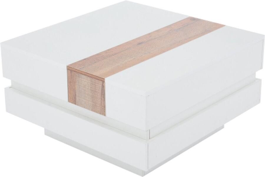 Vierkante salontafel met hoogglans en uittrekbaar tafelblad – 70×70×39 cm – met verborgen opbergruimte en vakverdeling – Wit + Houtkleur