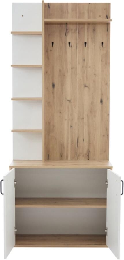 75x33x180 cm kapstok met garderobe schoenopslag halmeubel met kledinghaken 5 lagen opbergruimte en kasten origineel houtkleur en wit