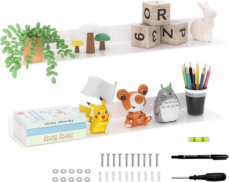 76 cm witte zwevende planken voor wanddecoratie acryl organizer opslag wandplankhouder met een gratis schroevendraaier 2 stuks (76 cm)